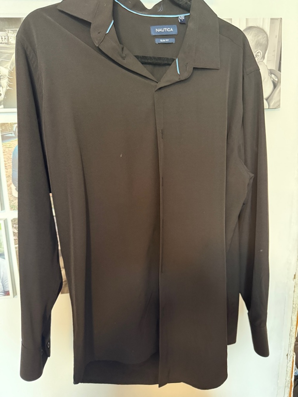 Nautica Black Long-Sleeve Dress Shirt with Subtle Blue Trim